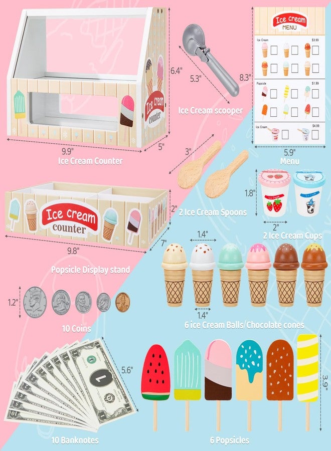 ZJEFUNS Wooden Ice Cream Toys for Kids Ice Cream Counter Shop for Toddlers Pretend Play Food Scoop and Serve with Scoop & Menu & Fake Money for Boys and Girls Ages 3 4 5 6 (Beige) - Image 2